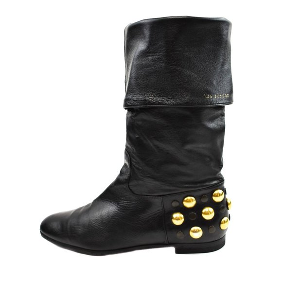 GUCCI: Black Leather & Gold Studded, Moto Boots - Picture 9 of 10